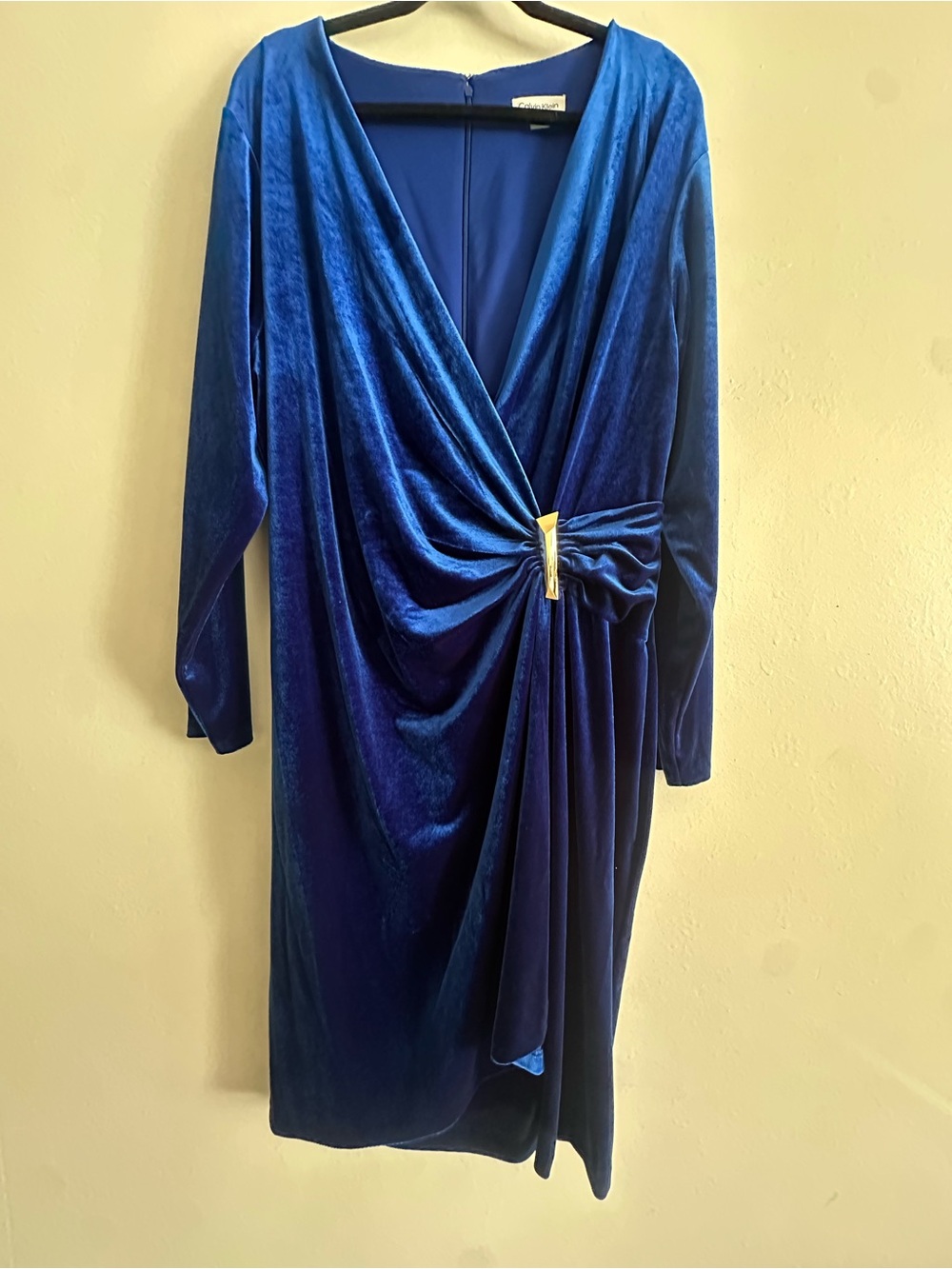 Calvin Klein Royal Blue Velvet Draped Wrap Dress with Gold Accent